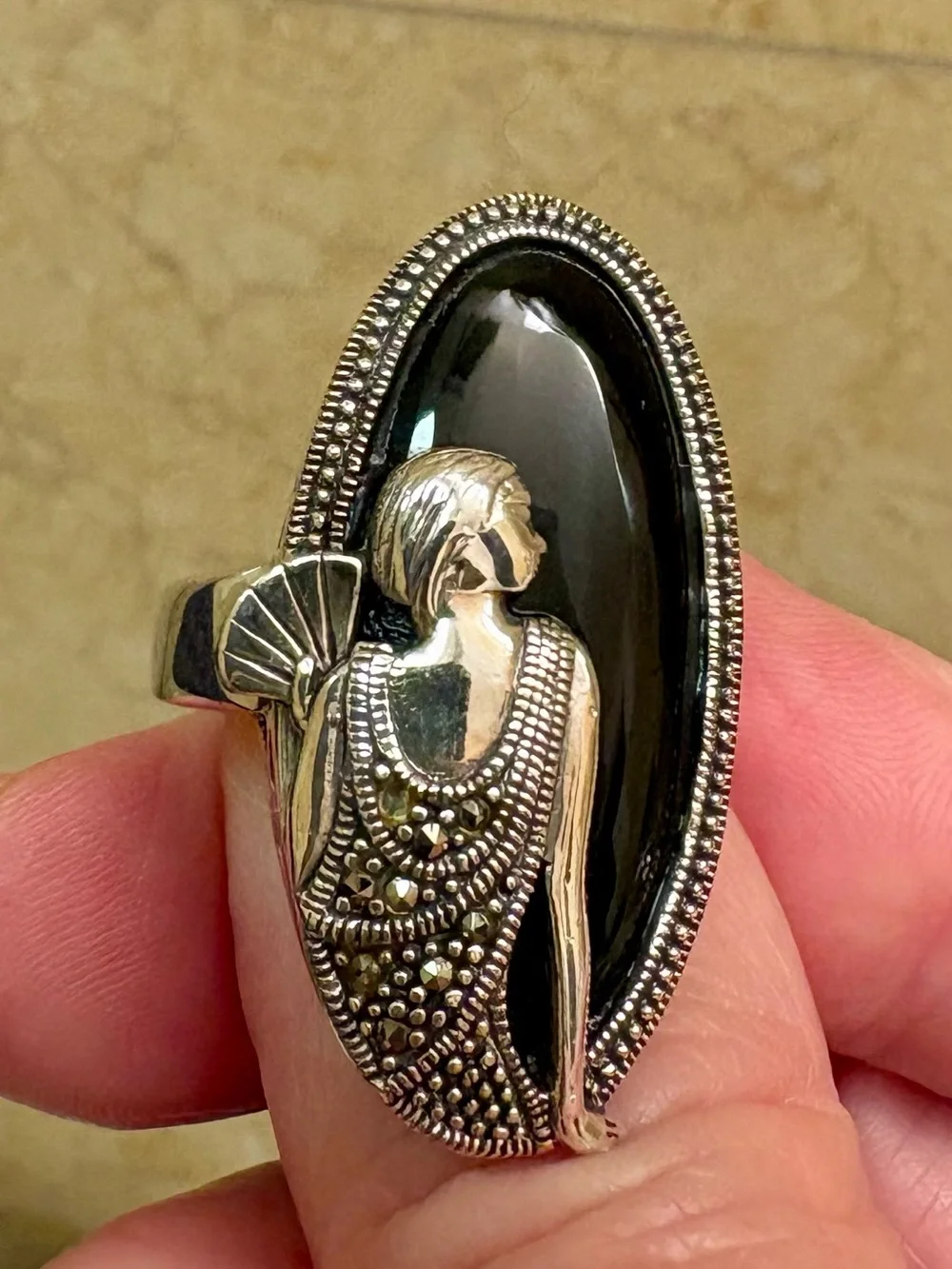Sterling Silver Black Onyx Figural Woman Statement Ring